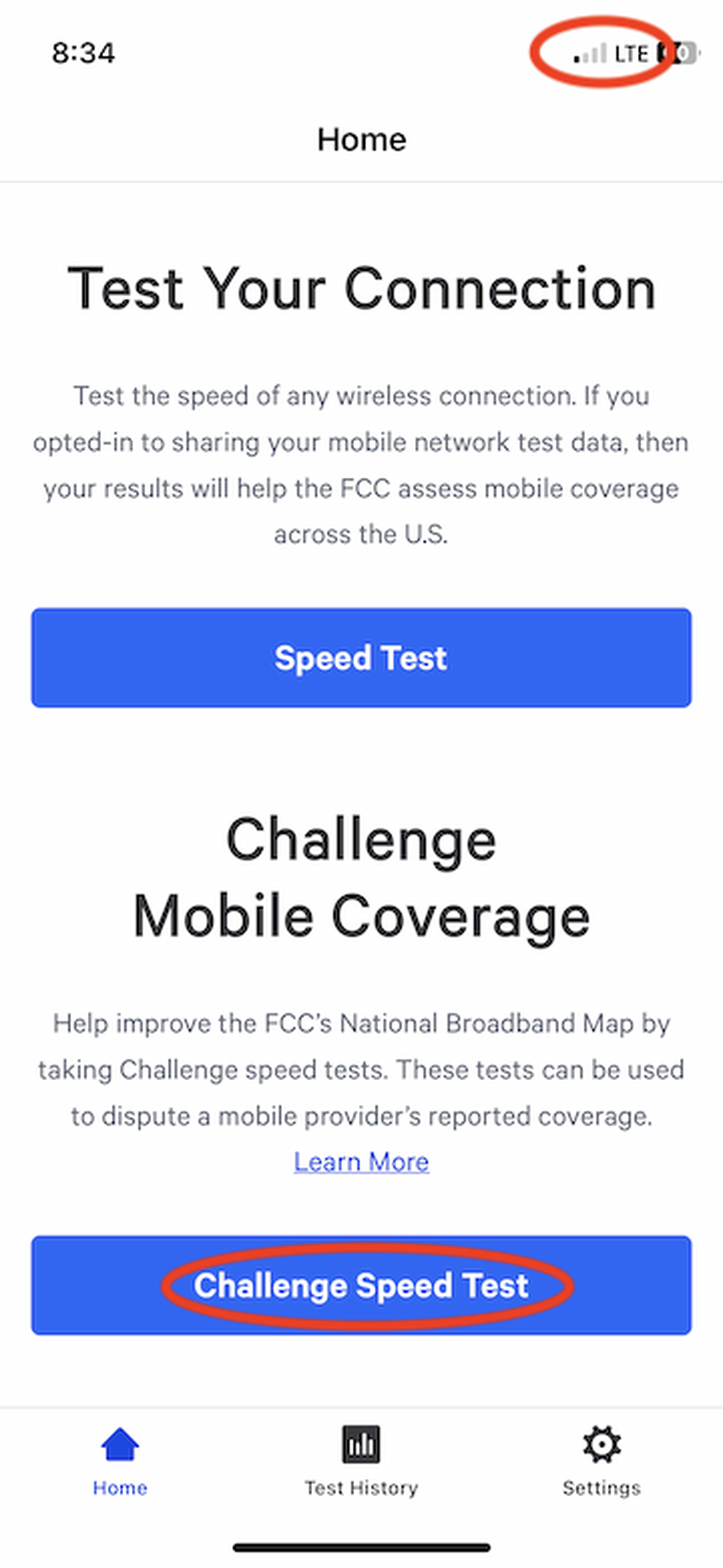 Starting a Challenge Speed Test with one bar of LTE coverage - supposedly